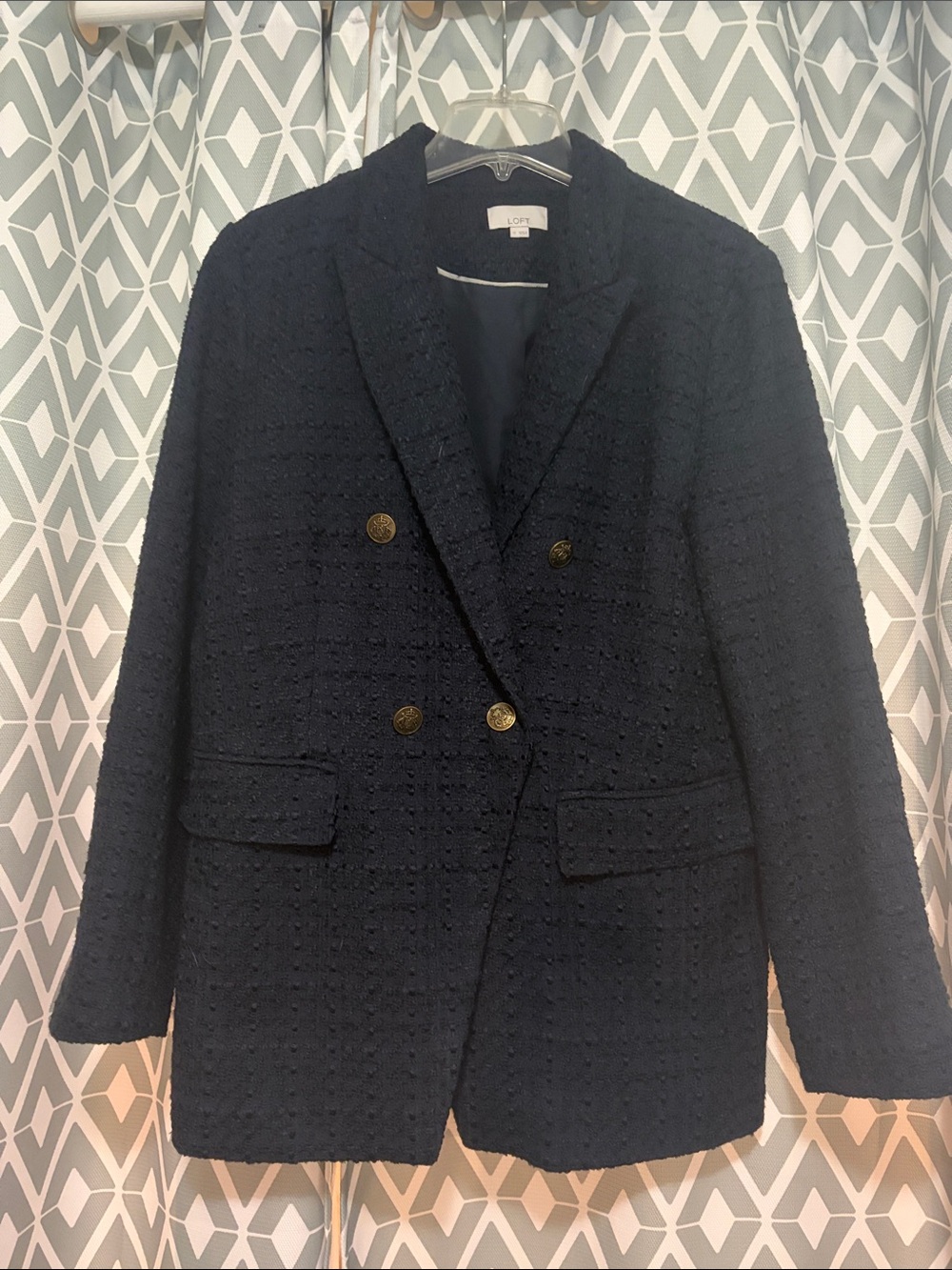 LOFT Navy Textured Double-Breasted Blazer with Gold Nautical Buttons - Picture 3 of 6
